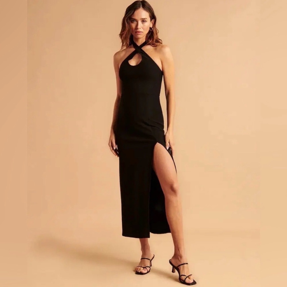 NWT Abercrombie Black Keyhole Halter Midi Dress with Side Slit
